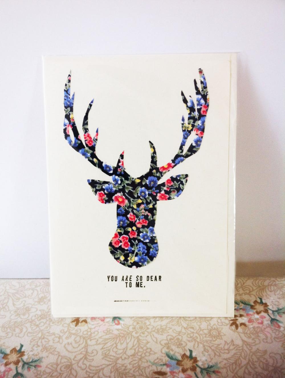 Hand Made Fabric Reindeer Christmas Card. P&p